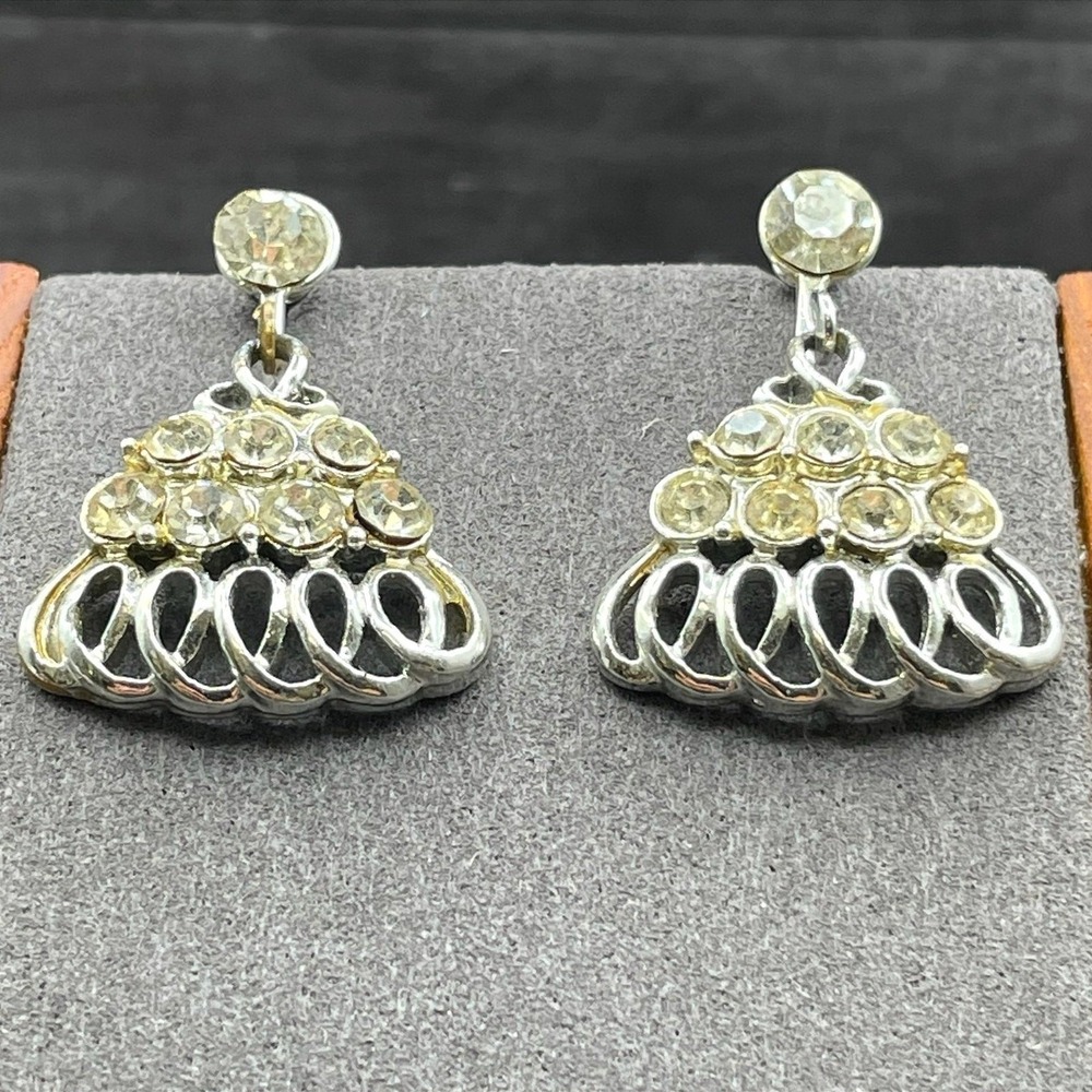 Vintage Silver Tone Rhinestone Loop Fan Dangle Earrings Glam Statement Retro 90s